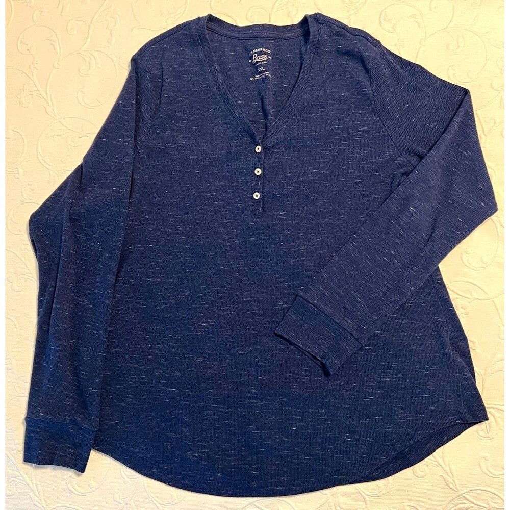 GH Bass Womens XXL Slim 2X Navy Blue Ribbed Long Sleeve Henley Top Shirt Cotton